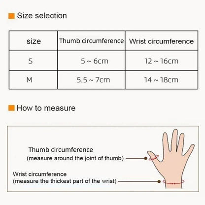 Thumb wrist brace size guide - sizes S and M with thumb and wrist circumference measurements - ActiveSupport UK