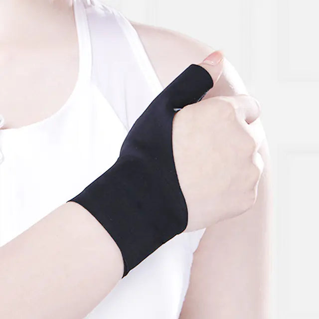 Black thumb wrist support brace worn - side profile showing full thumb and wrist coverage for arthritis - ActiveSupport UK